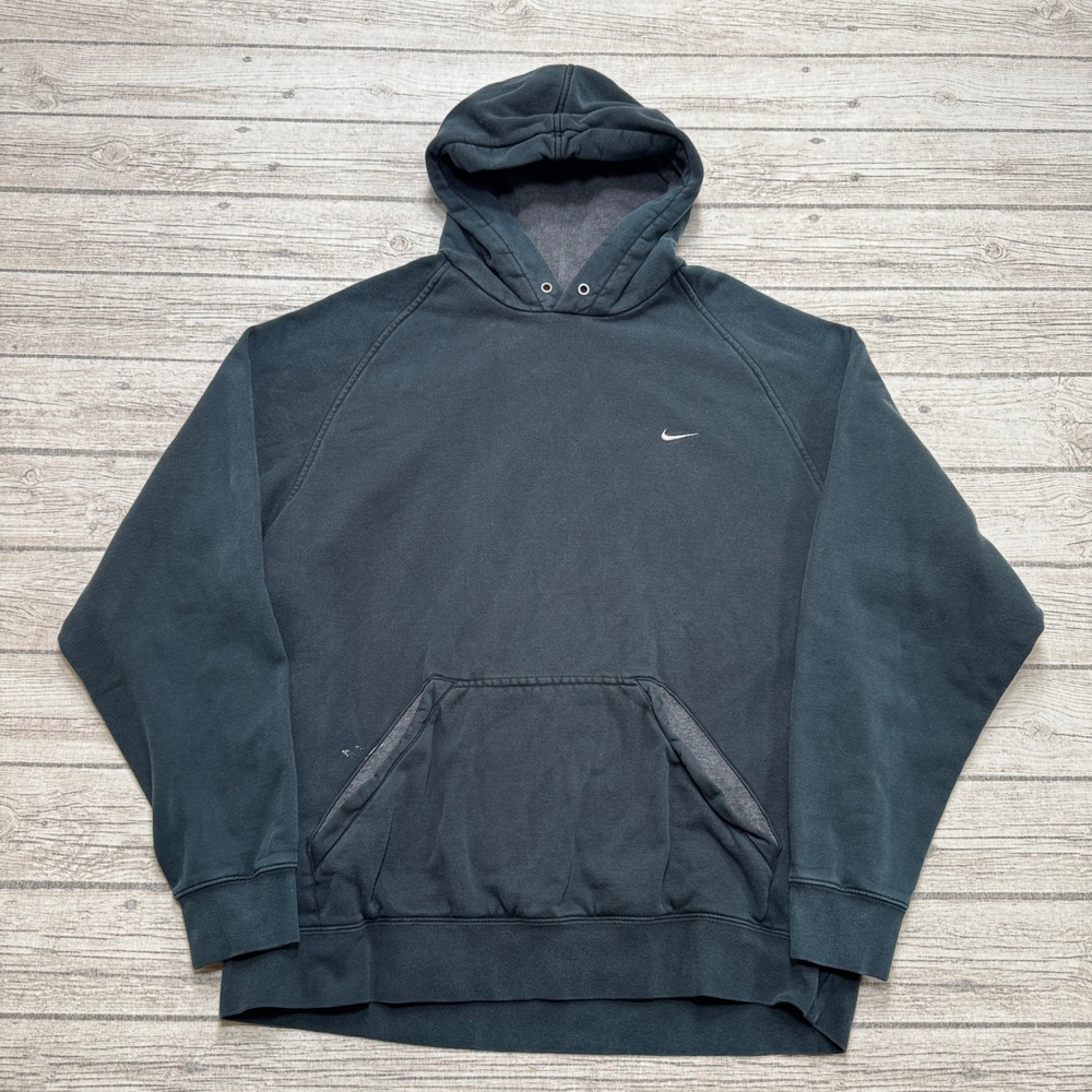 Y2K Nike Hoodie Men's XL Black Swoosh Relaxed Fleece Lined Silver Tag Pullover
